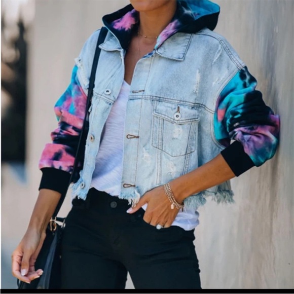 Dance & Marvel Jackets & Blazers - Tie-Dye Sleeve Light Wash Denim Jacket with Detachable Hood - Blue/Pink